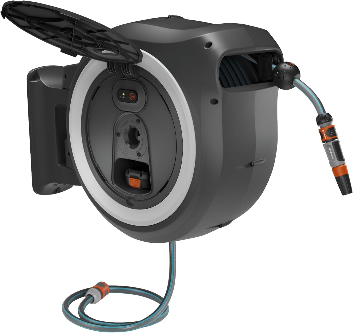 Gardena PowerRoll XXL Solo Dévidoir mural sans fil : enrouleur automatique avec tuyau d'arrosage de 40 m, guide de tuyau et RollControl, alimenté par batterie, résistant aux UV et au gel (18647-55)