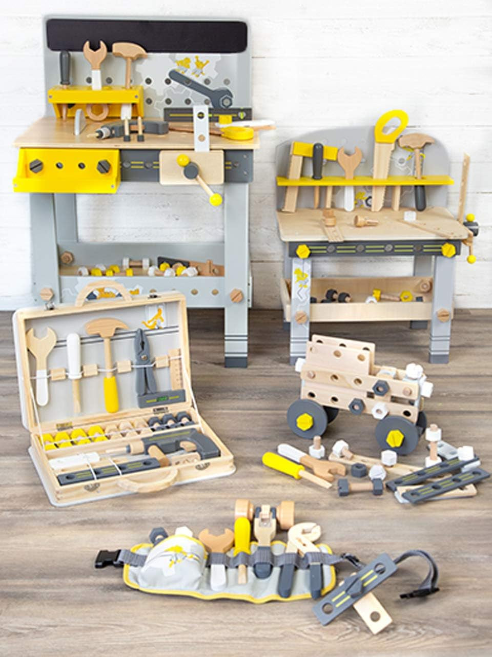 Small Foot Ensemble de construction Miniwob en bois, construction créative avec outils et accessoires, à partir de 3 ans, 11810, gris jaune