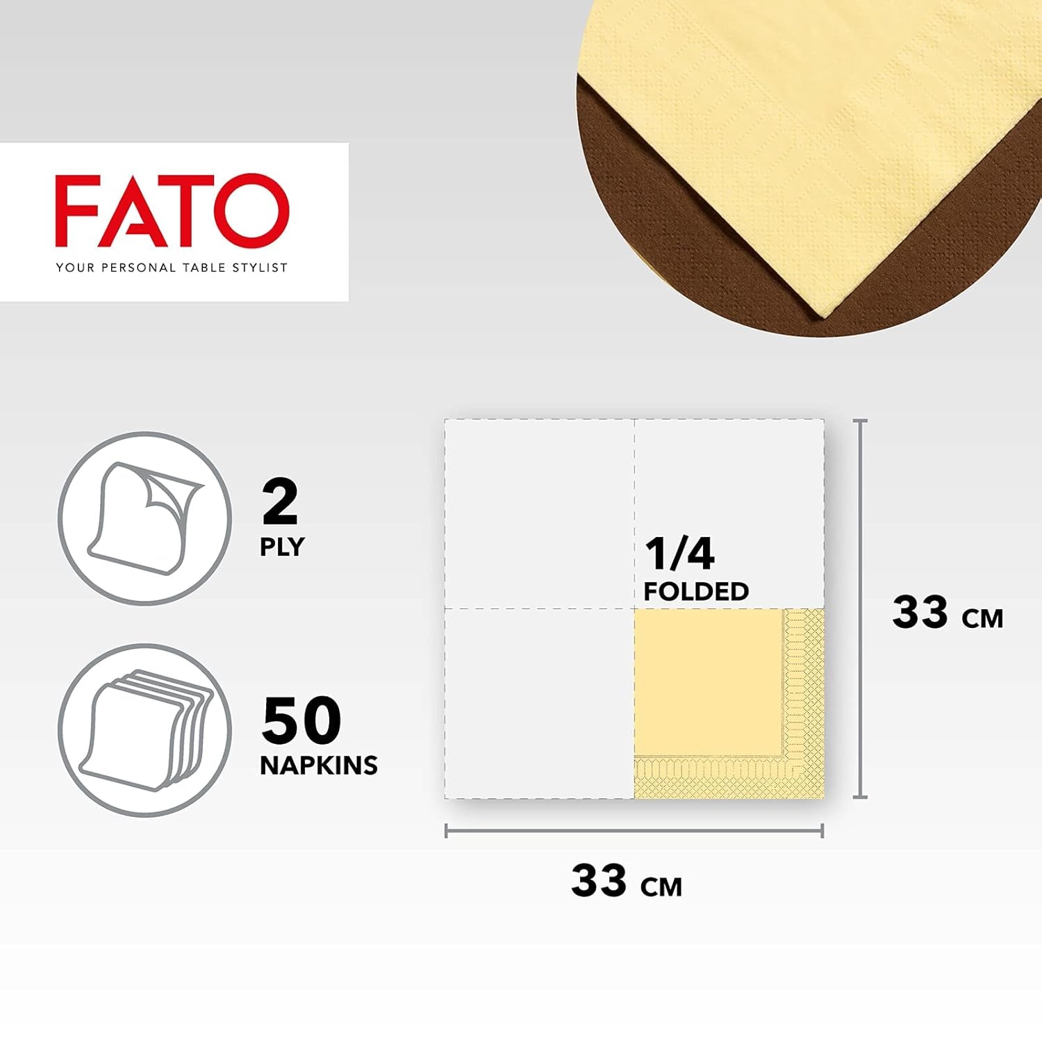 Fato - Serviettes en papier jetables, idéales pour les déjeuners et buffets décontractés, paquet de 50 serviettes, taille 33 x 33, 4 plis, 2 épaisseurs, couleur champagne, papier 100 % pure cellulose, FSC