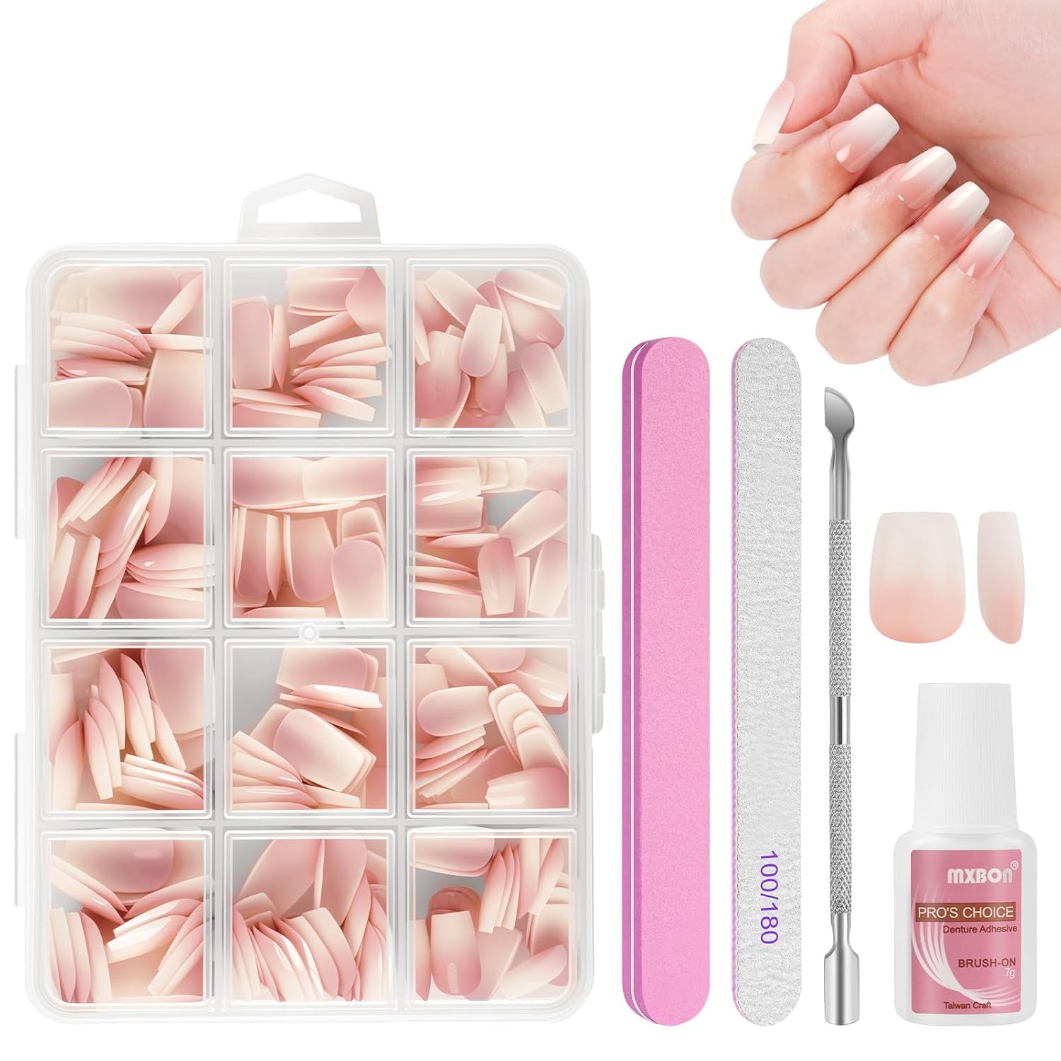 Lot de 240 faux ongles à pression française, 12 tailles, faux ongles avec colle pour femmes et hommes (blanc nu amande moyenne)