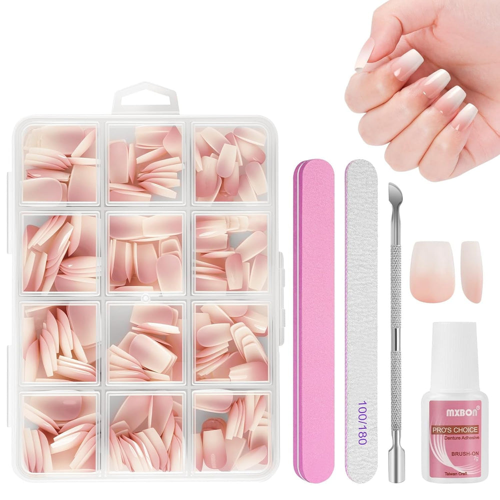 Lot de 240 faux ongles à pression française, 12 tailles, faux ongles avec colle pour femmes et hommes (blanc nu amande moyenne)