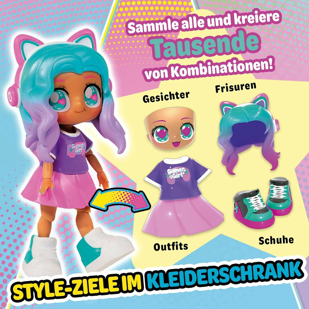 BANDAI - Animakii Einhorn und Fledermaus - Set Personalisierbare Puppen - 1 Puppe, 4 Gesichter, 2 Frisuren, 2 Outfits, 2 Paar Schuhe - Kreatives Spielzeug ab 5 Jahren - HEA26348