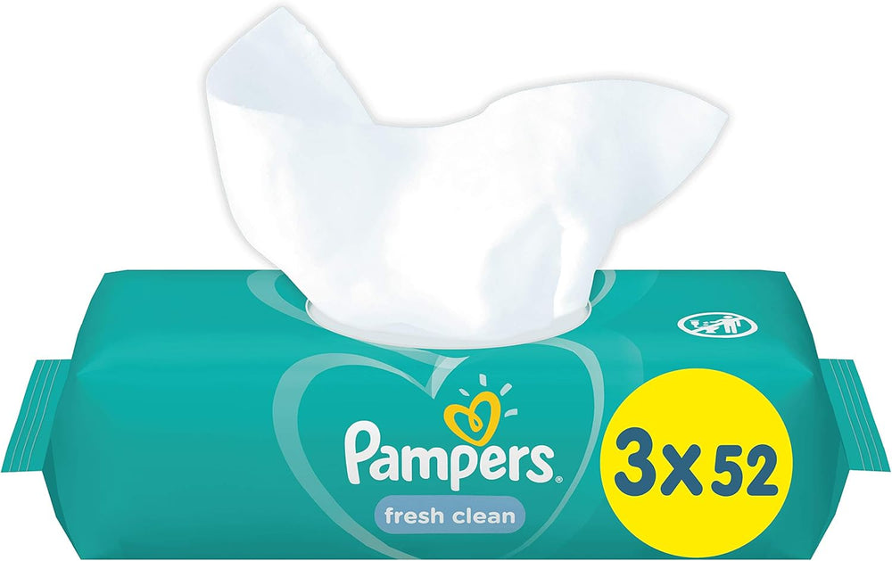 Pampers Fresh Clean Baby Wipes 81688041, 3x52 pièces, (lingettes pour bébé, sac en plastique, fille/garçon, turquoise, blanc, Allemagne, 896,7 g)