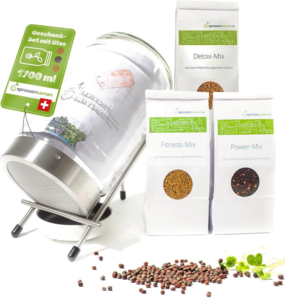 Coffret de pots de germination 3100 ml avec coffret cadeau - Organic Fitness Mix, Power Mix et Detox Mix, 75 g chacun - Pot de germination - incl. couvercle du pot, support et passoire