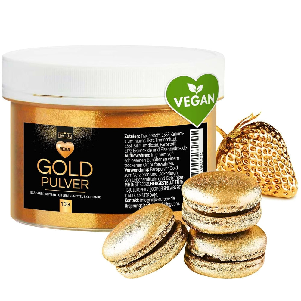 He-Ju 10 g de poudre d'or comestible végétalienne et sans E171, colorant alimentaire doré, paillettes comestibles pour boissons et aliments