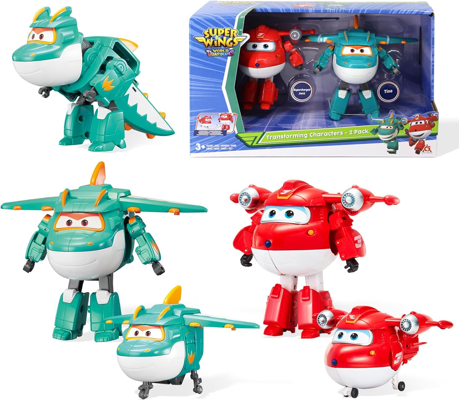 Super Wings 5" Transforming Characters 2-Pack Transforming Supercharged Jett + Tino Transformer Toy pour garçons et filles à partir de 3 ans Figurines d'action rouges Naty Shop Jett Tino