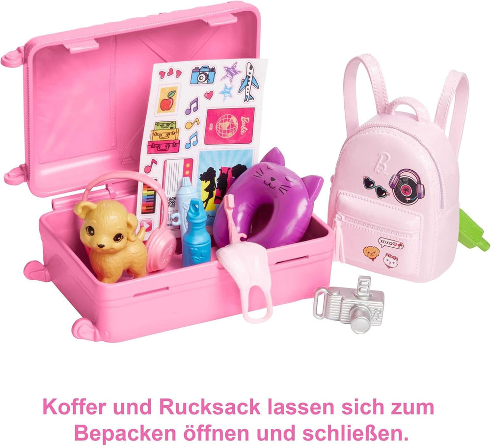 Păpușă Barbie, Barbie de călătorie cu păr blond, peste 10 accesorii de călătorie, autocolante, valiză, cățeluș, include 1 păpușă, cadou pentru copii, jucărie pentru vârsta de 3 ani și peste, HJY18