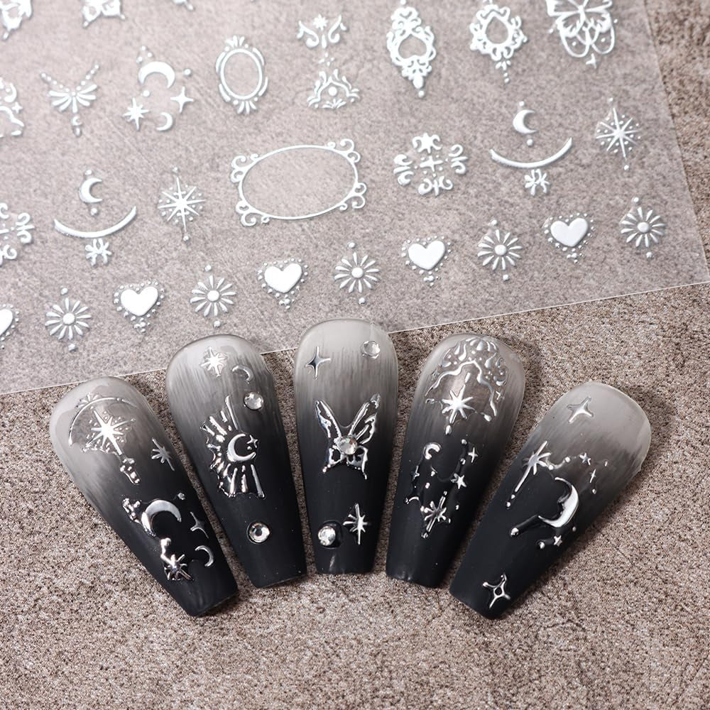 Autocollants d'ongles métalliques argentés 3D, autocollants d'ongles pour femmes, étoile, lune, soleil, feuille d'ongles, autocollants auto-adhésifs, autocollants d'ongles papillon, autocollants d'ongles, accessoires de conception d'ongles, 8 pièces