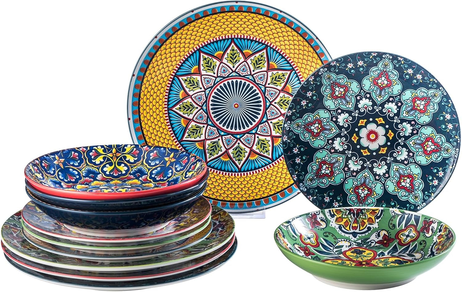 HENXFEN LEAD Service de table en porcelaine, service de table 12 pièces pour 4 personnes, service de table coloré pour 4 personnes – assiettes peintes à la main, assiettes à dessert, assiettes creuses – Style bohème