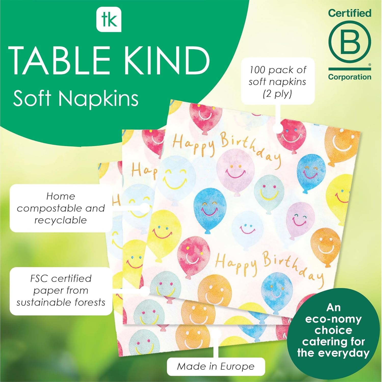Serviettes de table en papier de haute qualité Happy Birthday Smiley Face Serviettes en ballon pour la restauration de fête Serviettes jetables écologiques compostables durables recyclables