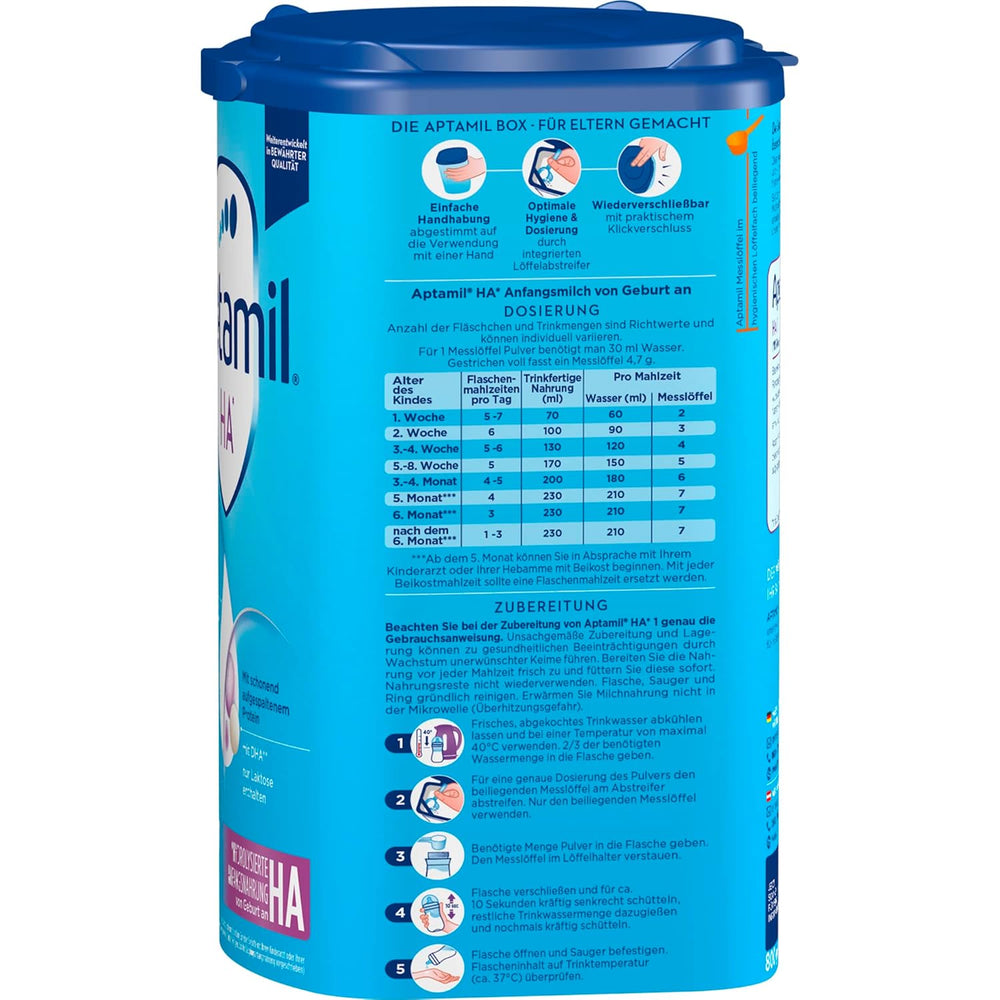 Aptamil HA 1 – Mélange de lait de consommation, avec DHA, sans lactose, sans huile de palme, poudre de bébé, poudre de lait, 1x 800 g (emballage avec 4)
