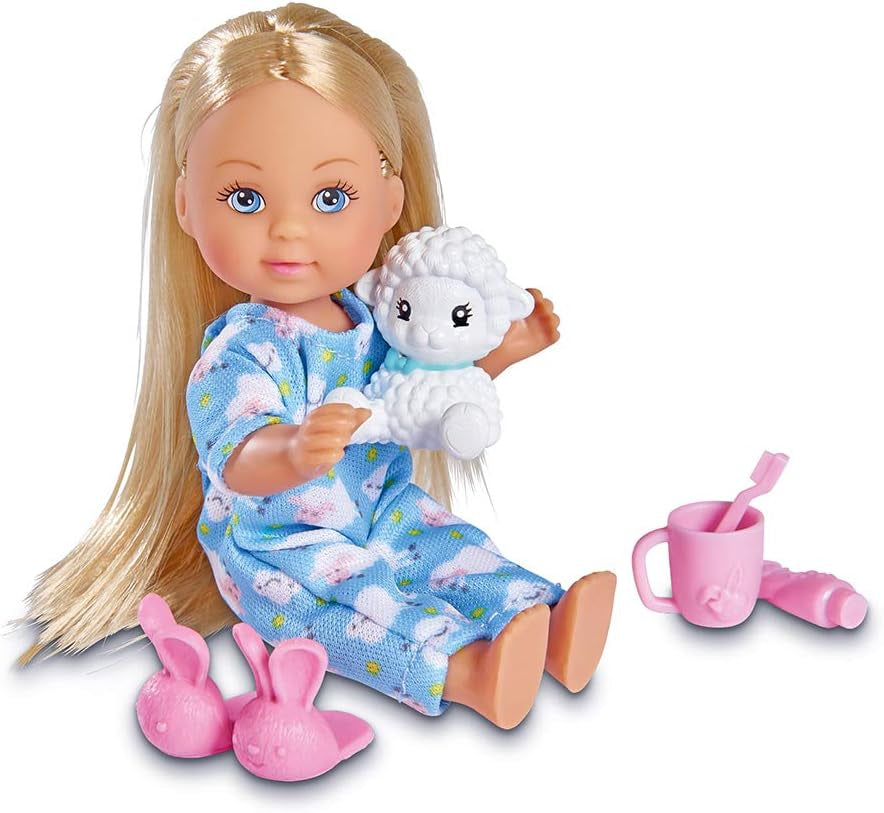 Simba 105733406 - Evi Love Good Night, Spielpuppe im süßen Schlafanzug mit Kuscheltier und Zahnputzzubehör, 12cm, ab 3 Jahre