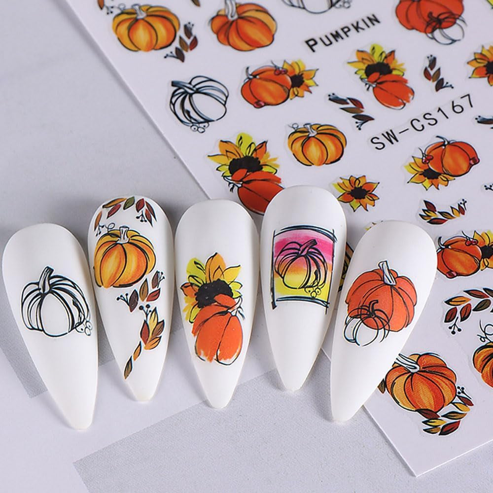 Autocollants pour ongles d'automne 3D, feuilles de citrouille, lignes géométriques, fleurs, autocollants pour ongles, Design du jour de Thanksgiving, autocollants pour ongles d'automne, accessoires pour ongles, Nail Art