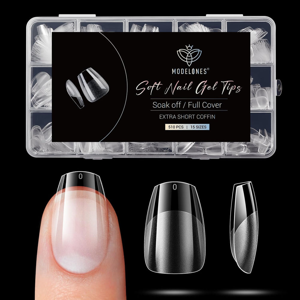Modelones Nail Tips 510 pièces – Ensemble de pointes d'ongles à couverture complète, ensemble de pointes en gel, pointes d'ongles en résine PMMA pré-polonées, ongles artificiels à coller sur Nail Art DIY, Squoval court