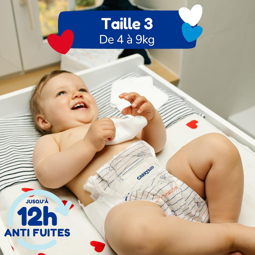 - Couches taille 3 (4-9 kg) - saines et très absorbantes - étanche 12 heures - sans substances indésirables - fabriquées en France - prix abordable - 150 couches jetables
