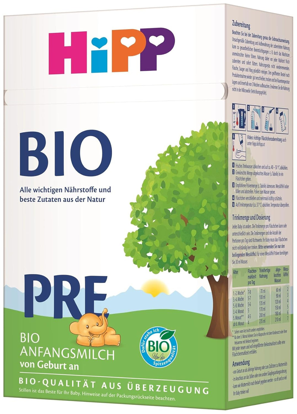 Le lait infantile bio HiPP PRE (4 x 600g), dès la naissance, ne contient que du lactose comme glucide, de la meilleure qualité biologique