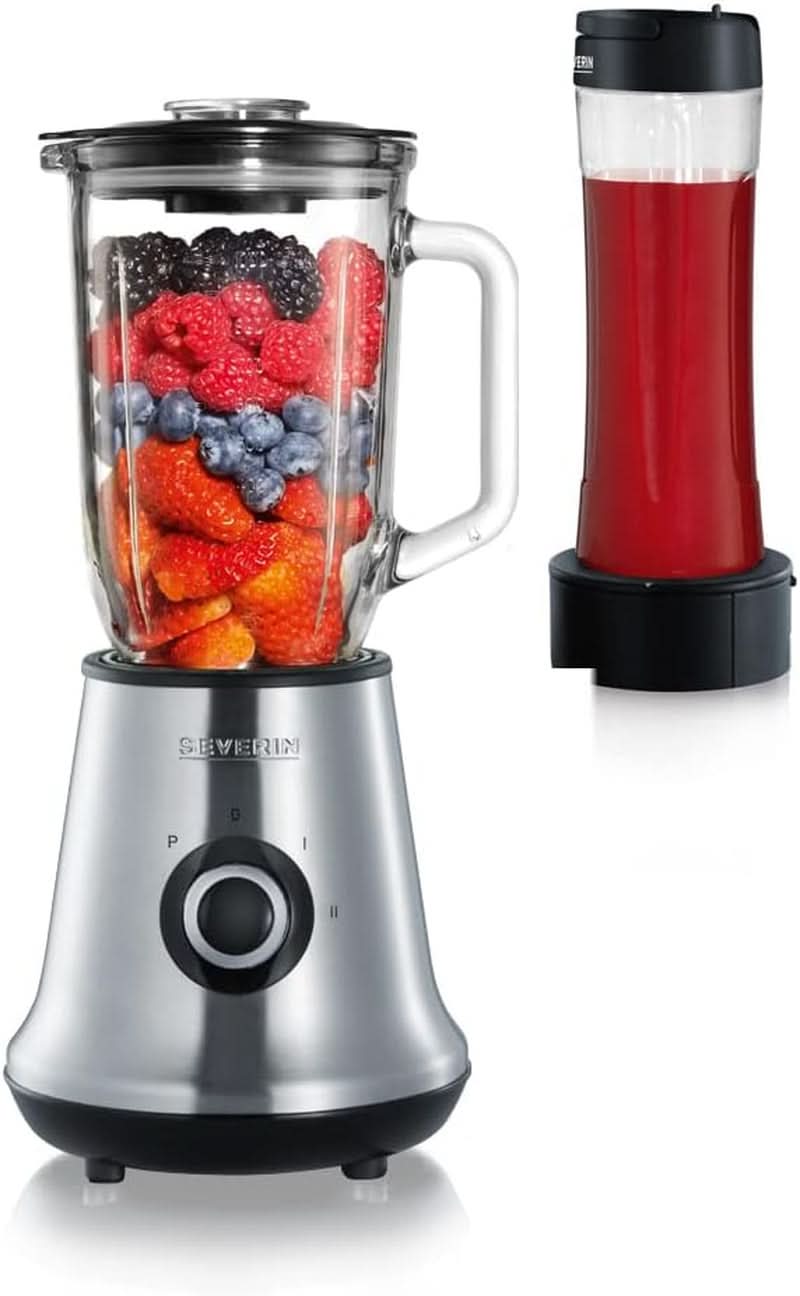 SEVERIN Multimixer, batteur sur socle 2 en 1 et machine à smoothie avec 1 L de récipients en verre et de boissons, mixeur de cuisine avec 2 étages et fonction impulsion, 500 W, Edelstahl/Schwarz, SM 3737 Mother and Child Naty Shop Single Inkl. Mix Go Flasche