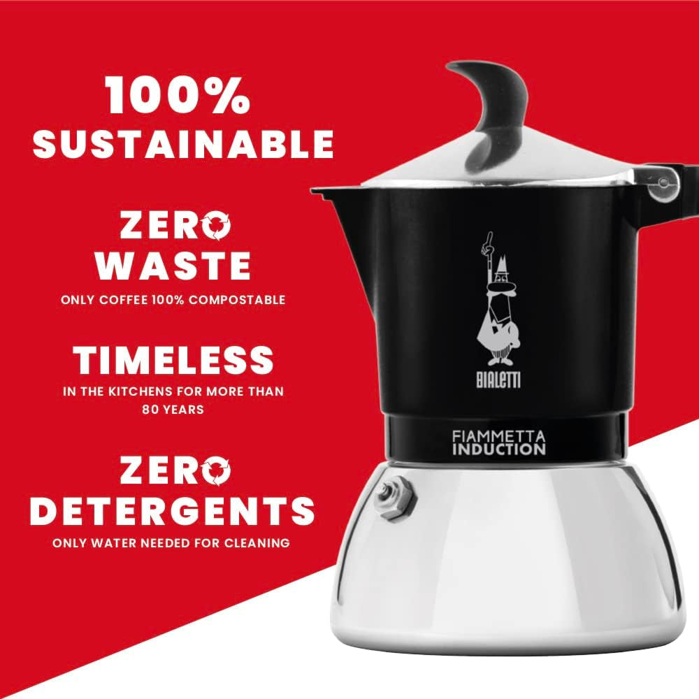 Bialetti Fiammetta cafetière à induction, 2 tasses (100 ml), adaptée à tous types de feux, design élégant, noire