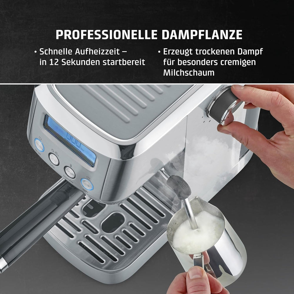 CASO EspressoGourmet Crema - Machine à expresso porte-filtre avec mousseur à lait, expresso, cappuccino, porte-filtre en acier inoxydable, pompe ULKA 20 bars, machine à café, café moulu, capsules ESE
