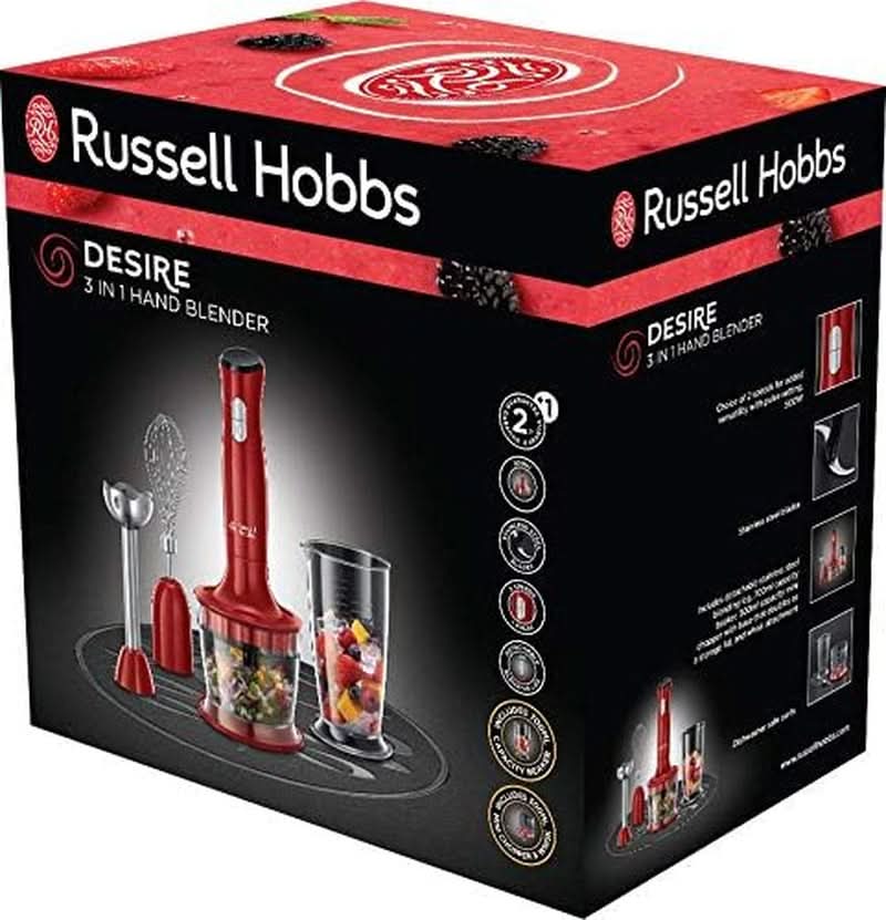 Russell Hobbs Stabmixer [3-In-1: Pürierstab/Zerkleinerer, Mixer- & Schneebesenaufsatz] Desire Rot (sans BPA & Spülmaschinenfestes Zubehör, Für Smoothie, Suppen Saucen, Yaourt Babynahrung) 24700-56 Kitchen Naty Shop