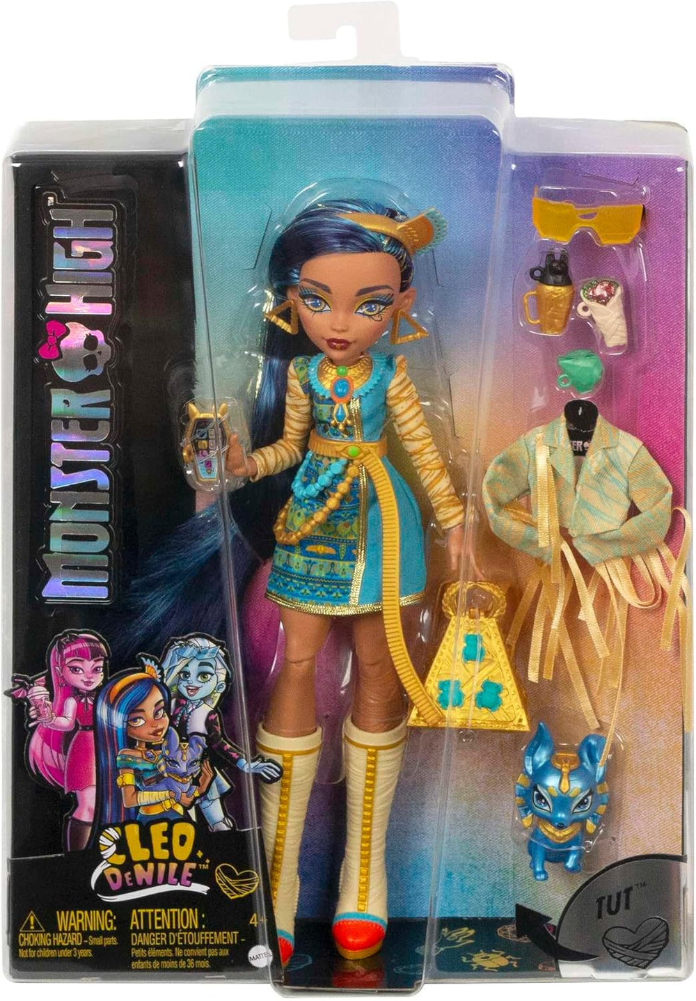 Monster High Cleo de Nile Puppe, Mummie Modepuppe, Königliches Outfit, Killerstiefel, Pyramidenrucksack, Accessoires, pour enfants à partir de 4 ans, HHK54