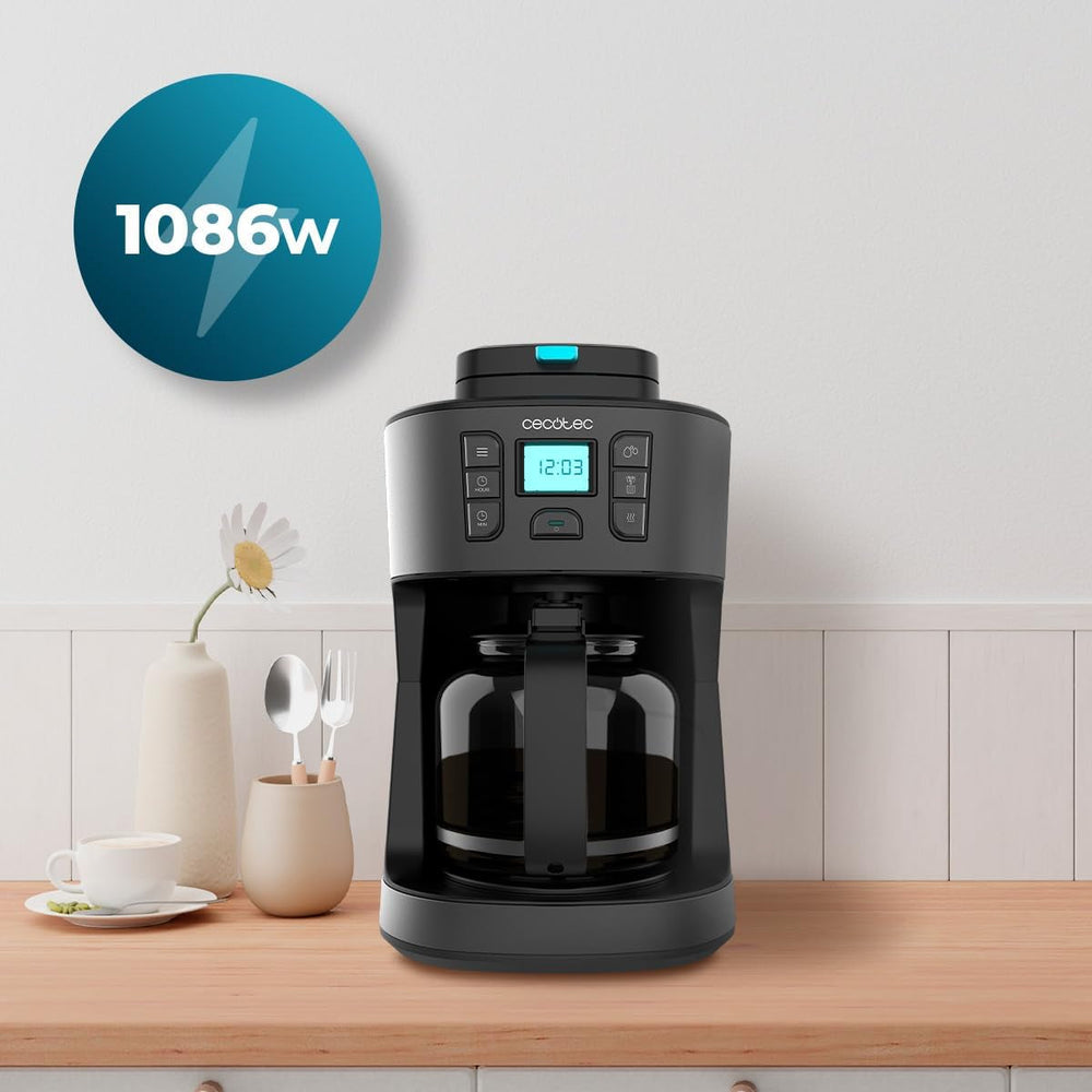 Cafetière filtre Cecotec Coffee 66 Grind & Drop Essential. 1086 W, broyeur à lame, jusqu'à 12 tasses, technologie Extreme Aroma, numérique, acier inoxydable, arrêt automatique.
