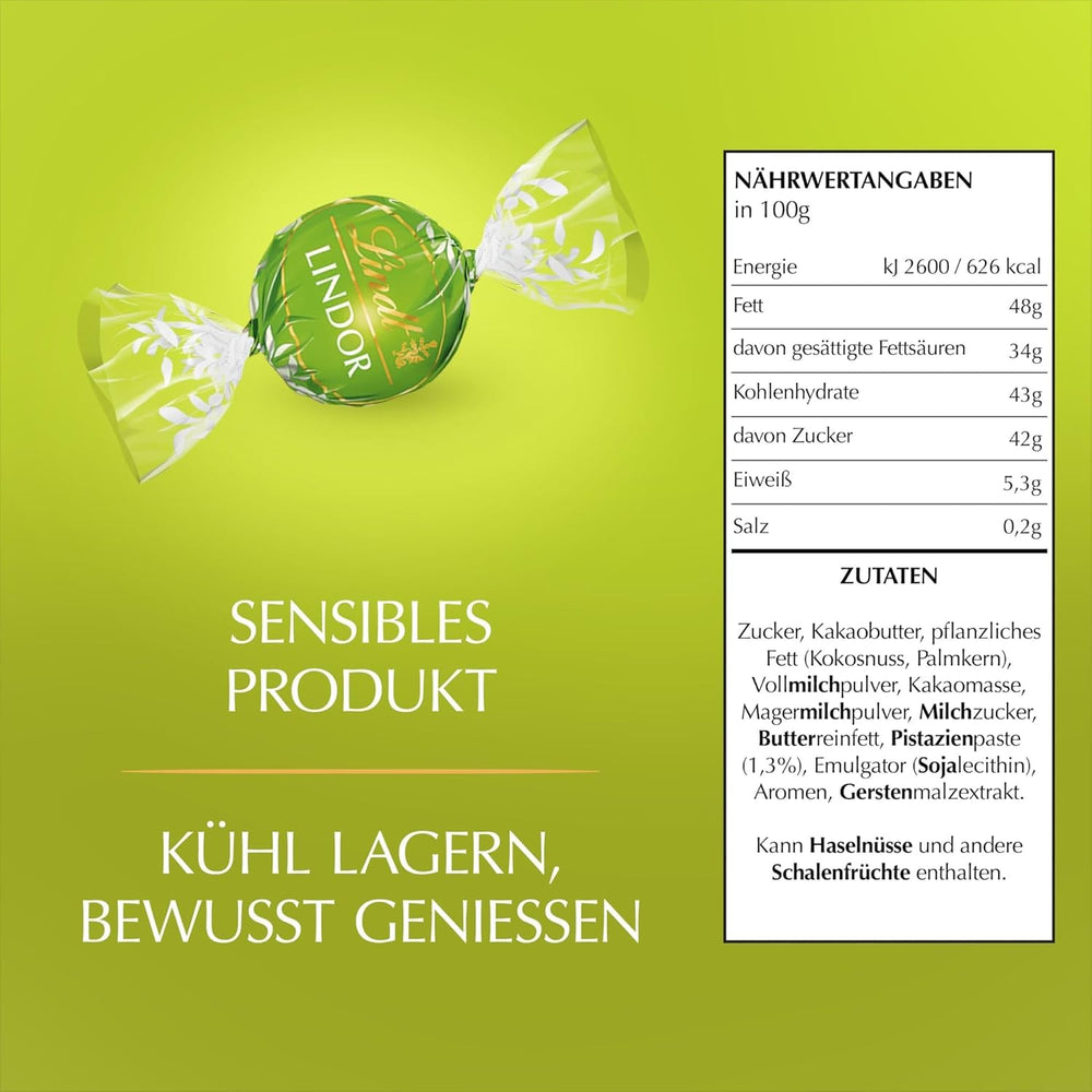 Lindt LINDOR Chocolat à la pistache | Sac refermable de 1 kg | env. 80 boules de chocolat au lait fourrées à la crème fondante à la pistache | Colis vrac, cadeau praliné