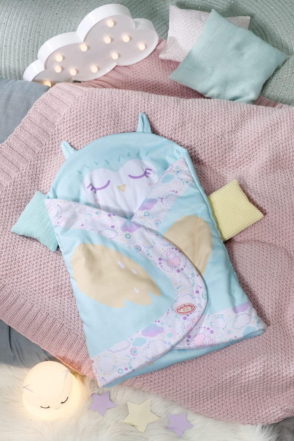 Baby Annabell Sweet Dreams Pucksack, lila Blaue Puckdecke mit Öhrchen-Details und Flügeldruck für 36 und 43 cm große Puppen, 706886 Zapf Creation