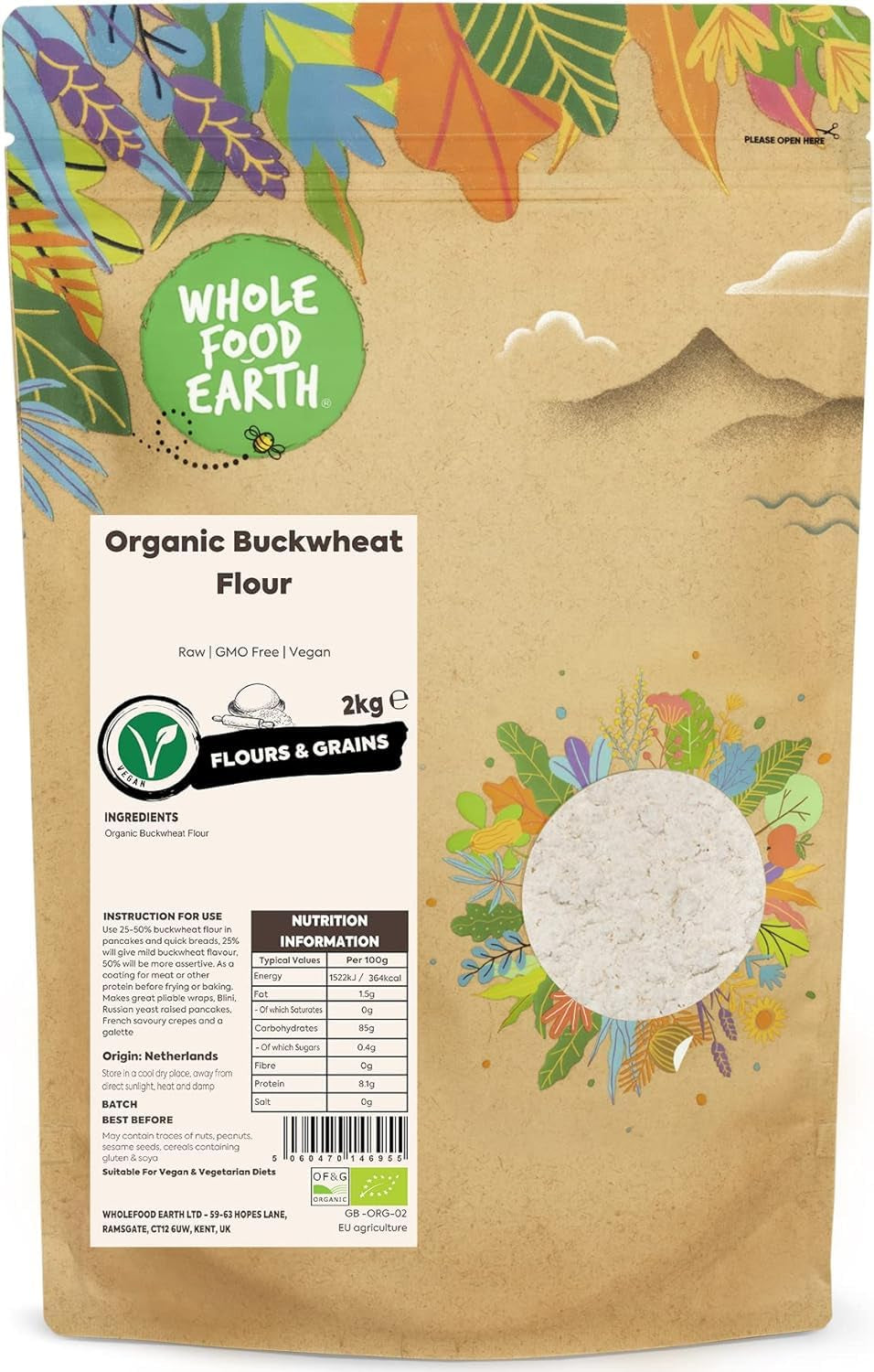 Farine de sarrasin biologique Wholefood Earth 1kg | Cruel | Sans OGM | Végétalien | Certifié biologique
