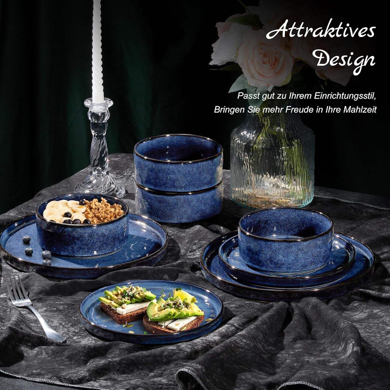 Homikit Service de table 12 pièces pour 4 personnes, service de table combiné avec assiettes, assiettes à dessert et bols à céréales, passe au micro-ondes et au lave-vaisselle, bleu élégant