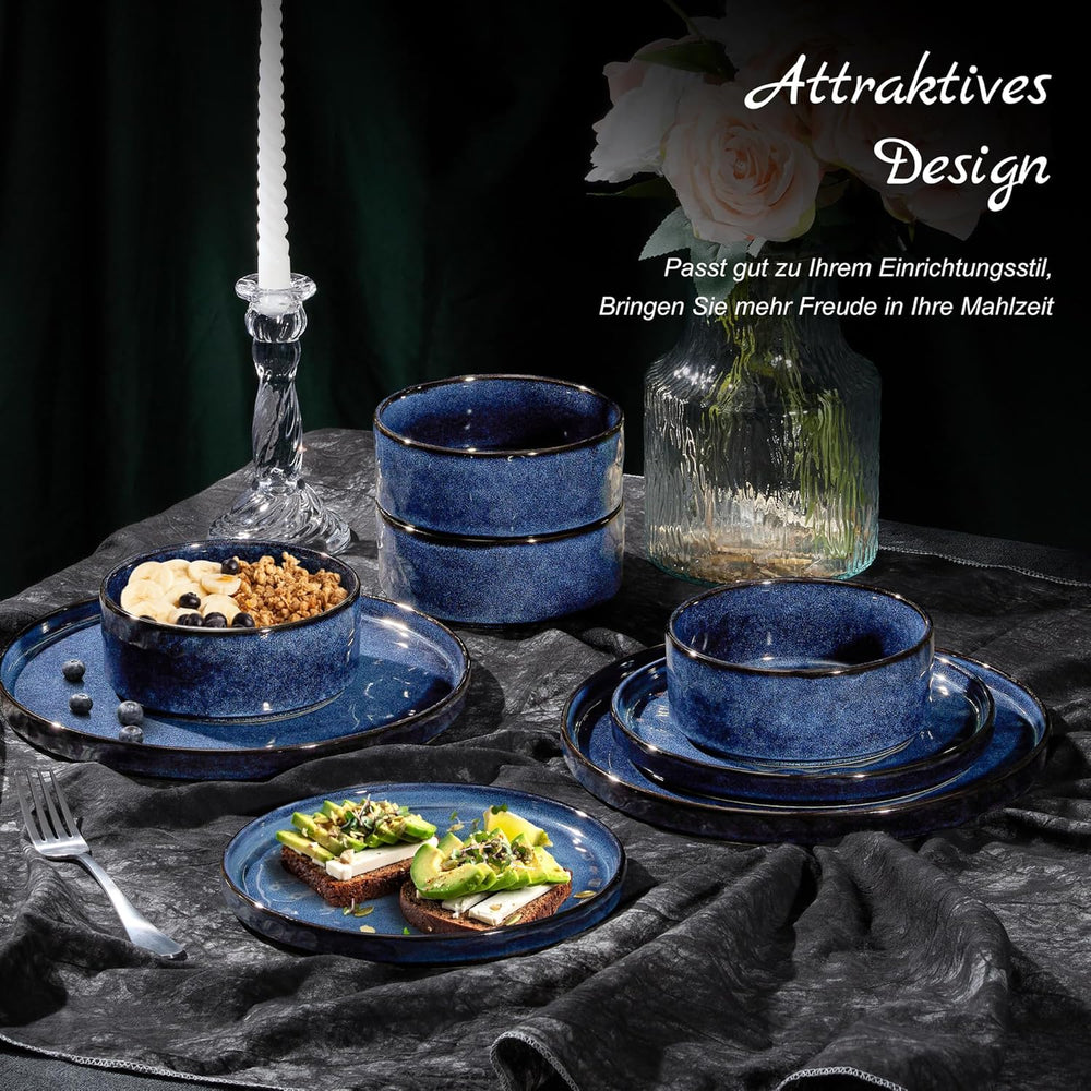 Homikit Service de table 12 pièces pour 4 personnes, service de table combiné avec assiettes, assiettes à dessert et bols à céréales, passe au micro-ondes et au lave-vaisselle, bleu élégant