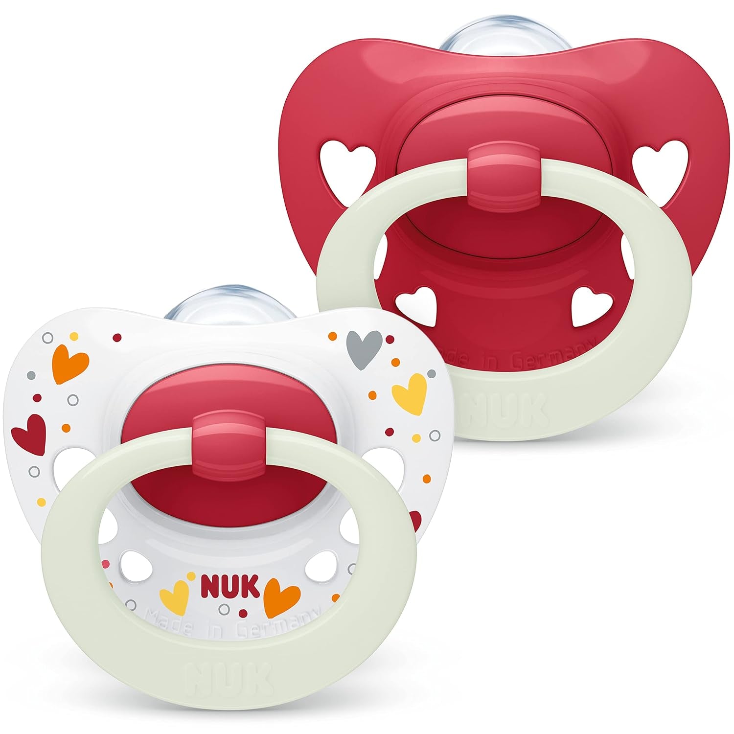 Sucettes NUK Signature pour bébés | 0-6 mois | Calme 95 % des bébés | Sucettes en silicone en forme de cœur sans BPA | Avec couvercle | Coeurs roses | Paquet de 2