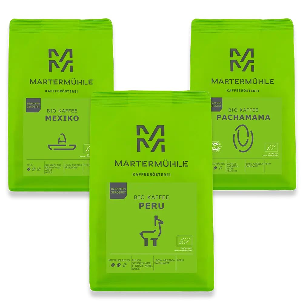 Martermühle coffret d'échantillons de grains de café bio 3x250g force légère/moyenne I Arabica I Grains de café bio entiers légèrement torréfiés, faible acidité (68/74/426)