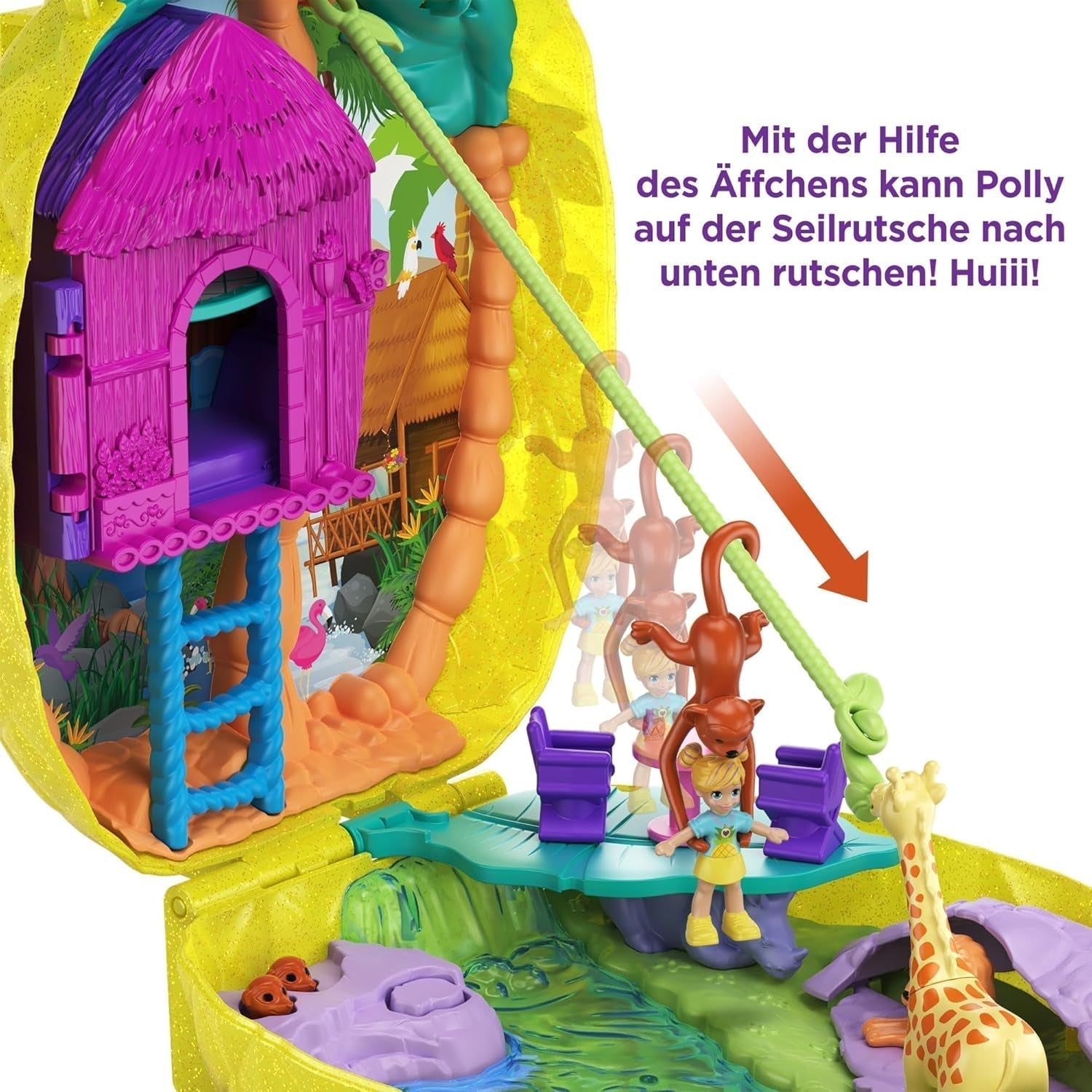 Polly Pocket GKJ64 - Boîte de poche portable en forme d'ananas avec 8 fonctionnalités amusantes, des poupées Polly et Purple, 2 accessoires et une feuille d'autocollants ; jouet pour enfants à partir de 4 ans Papusi Naty Shop