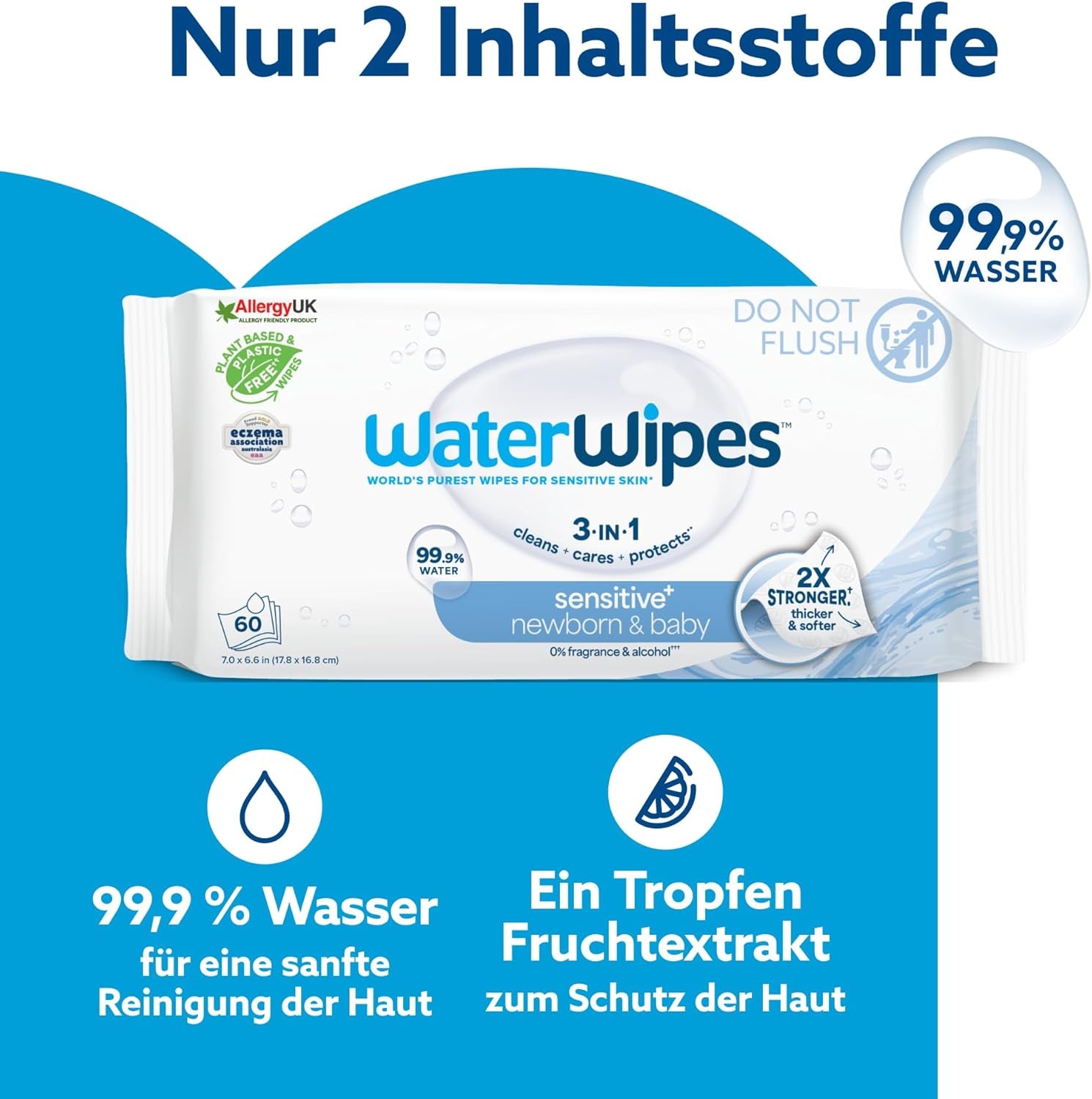 WaterWipes Sensitive+ Lingettes humides pour nouveau-nés et bébés, 360 pièces (paquet de 6), nettoyage 3 en 1, entretien, protection, 99,9 % d'eau, sans parfum