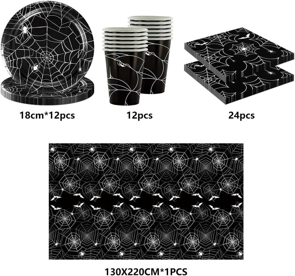 Ensemble de couverts en papier Halloween Spider de 49 pièces comprenant des assiettes, des serviettes, des verres et une nappe. Vaisselle noire avec assiettes à dessert, serviettes et verres.
