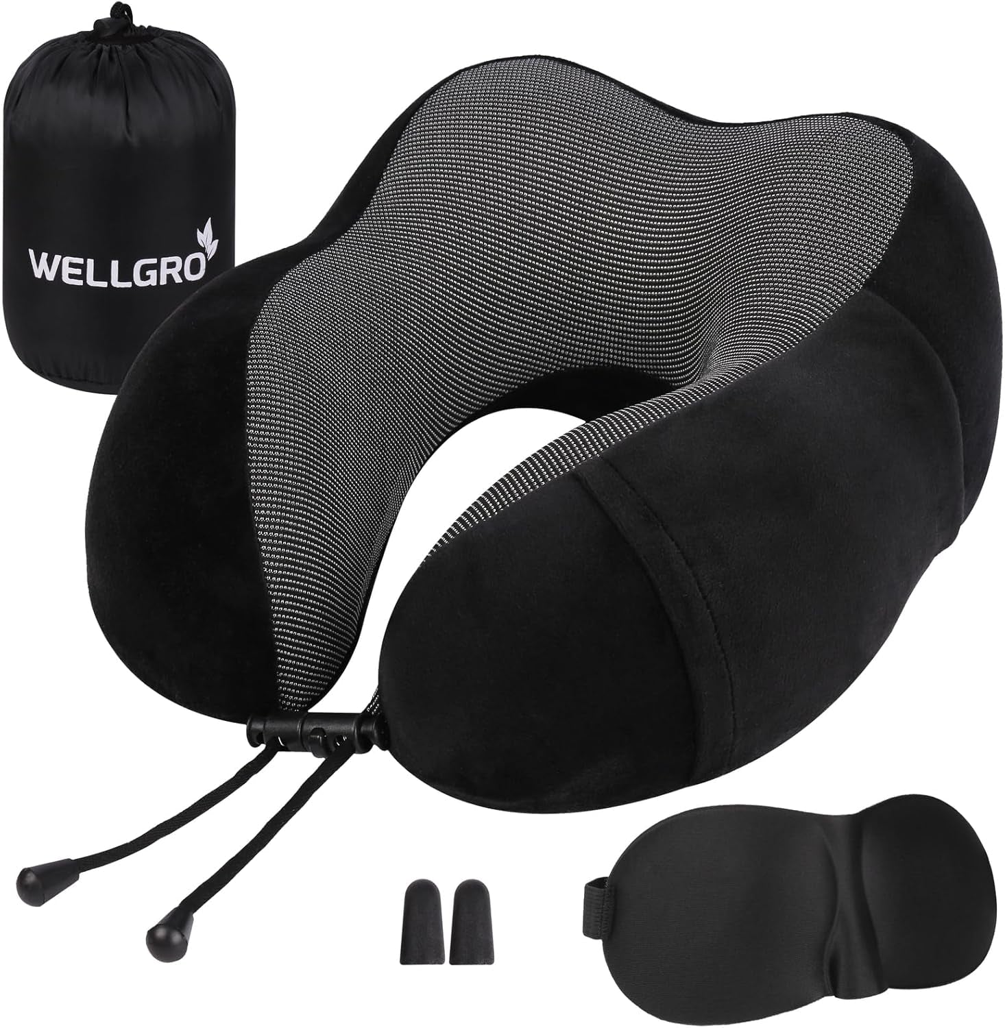WELLGRO Ensemble d'oreillers cervicaux avec masque de sommeil 3D et bouchons d'oreille - Housse amovible - Mousse à mémoire de forme - Fermeture à glissière - Sac de rangement inclus - Oreiller de voyage - Couleur au choix, Couleur: Gris Naty Shop Oreillers cervicaux orthopédiques Noir