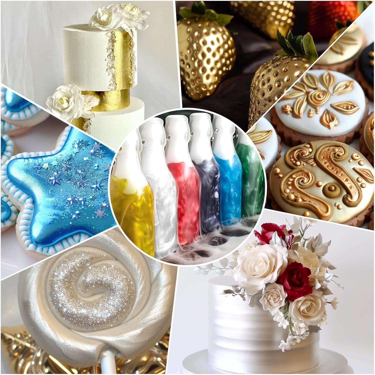 Essbarer Glitzer - 3 Torten Kuchen Deko Essbare, Flüssiges de couleur métallique, Paillettes comestibles pour muffins, cocktails, guimauves - 10 ml Naty Shop