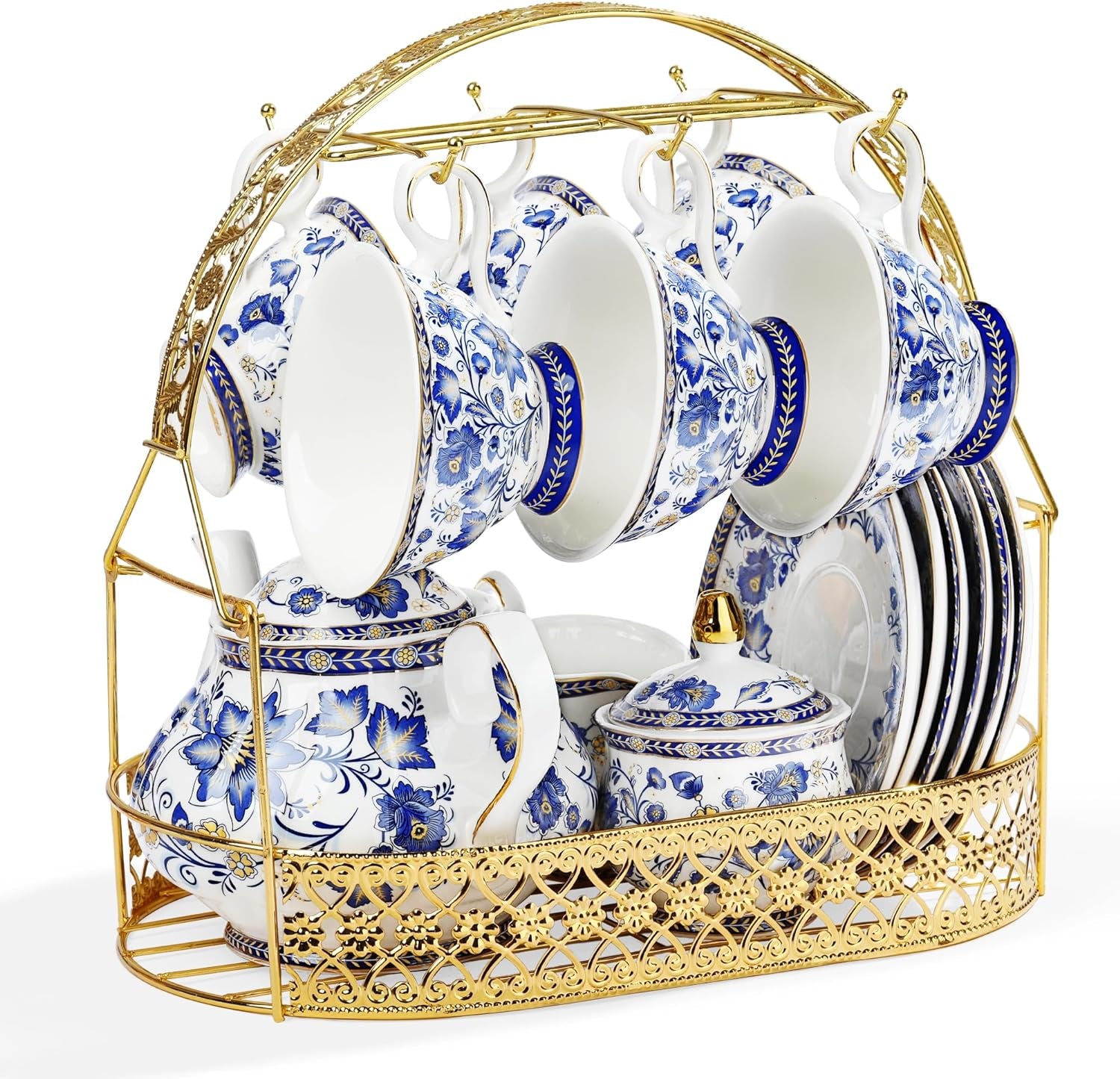 Fanquare – service à thé en porcelaine à fleurs bleues, avec support en métal, tasse à café et soucoupe en porcelaine Vintage, service à café anglais pour adultes