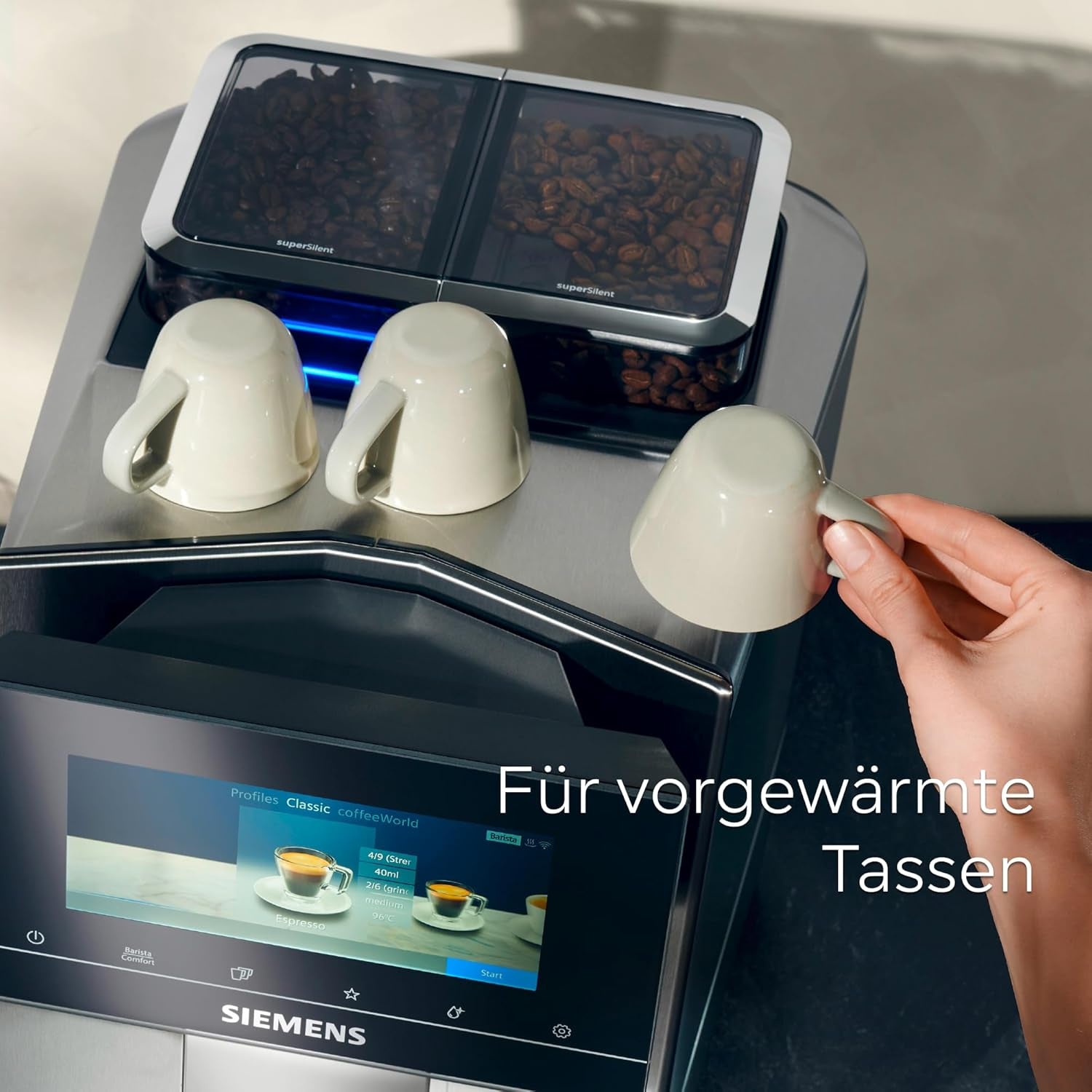 Machine à expresso automatique Siemens EQ900, grand écran couleur TFT, 2 réservoirs à grains, 36 boissons chaudes et froides, café froid, super silencieux, fonction deux tasses, contrôle par application, acier inoxydable, TQ907D03