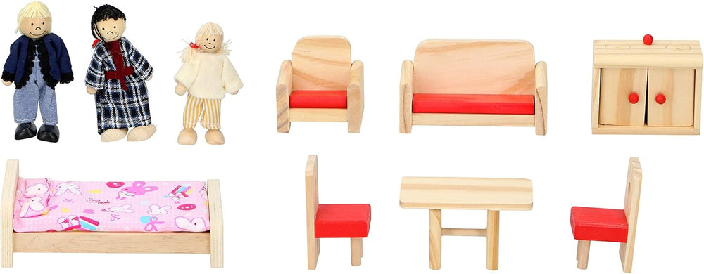Marionette Wooden Toys - Casă de păpuși din lemn cu mobilier și păpuși - 11 bucăți Casute de papusi Naty Shop