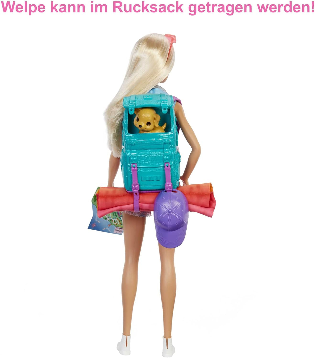 Barbie Camping Series, păpușă 1X cu păr blond, rucsac de drumeție, echipament de exterior, binoclu, hartă, cățel, accesorii, cadou pentru copii, jucărie de la 3 ani,Hdf73 Papusi Naty Shop