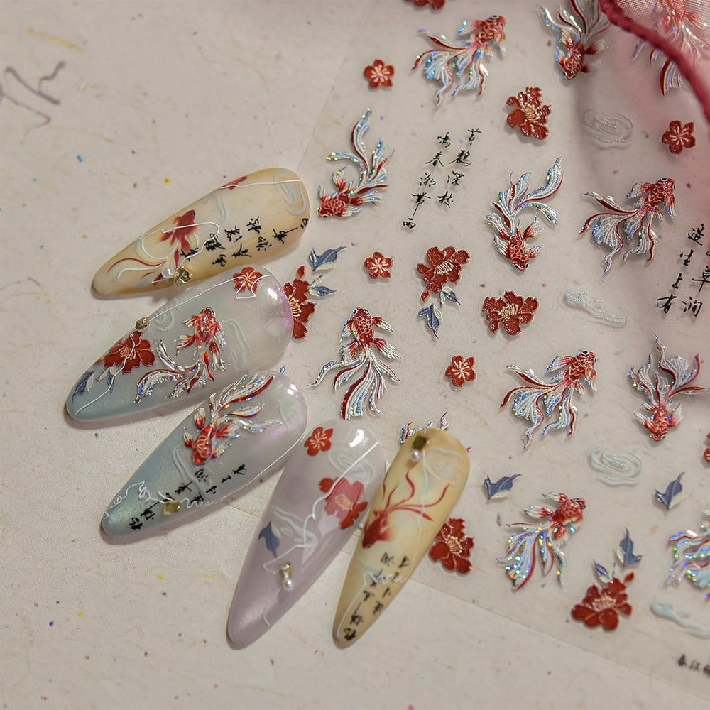 JMEOWIO Autocollant 3D pour ongles en forme de poisson Koi