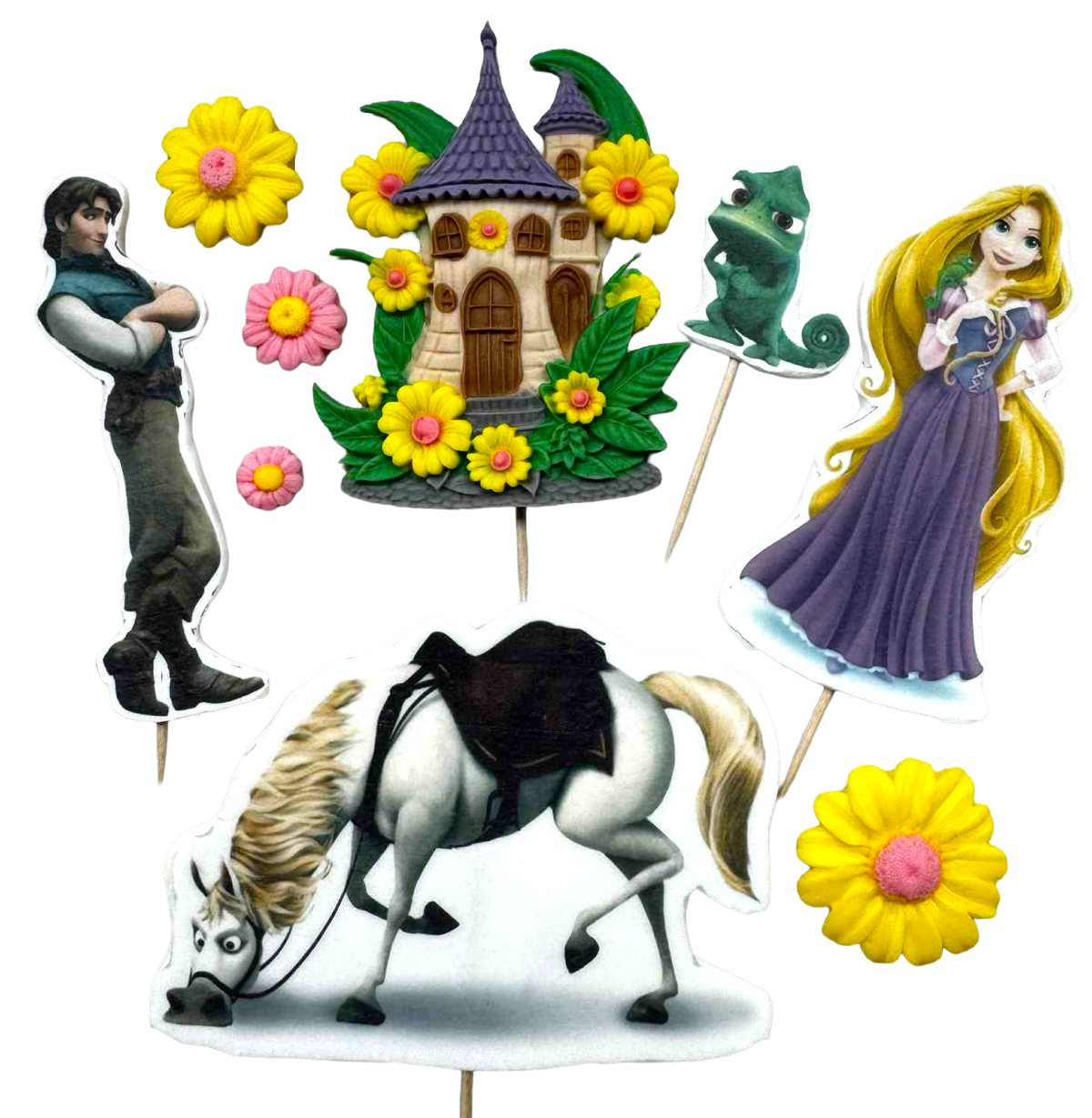 DulceCraft Lot de 9 décorations comestibles Raiponce - Figurines en pâte à sucre 1-10 cm pour gâteaux