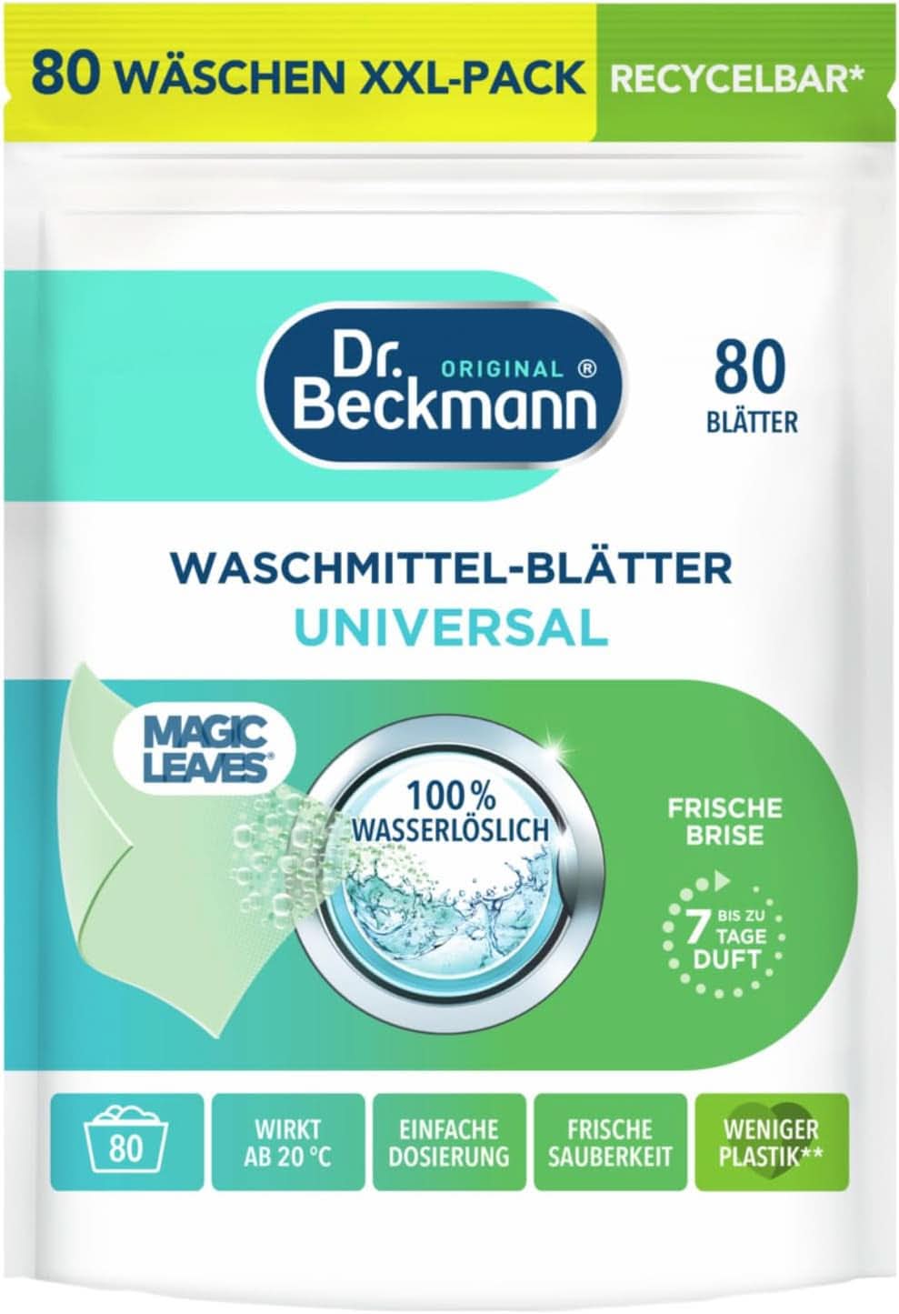 Foi de detergent Dr Beckmann MAGIC LEAVES COLOR | Foi de spălat predozate și solubile în apă | Economisitoare de spațiu și ușor de utilizat | 25 de foi Detergenti Rufe Naty Shop 80 bucati Universal