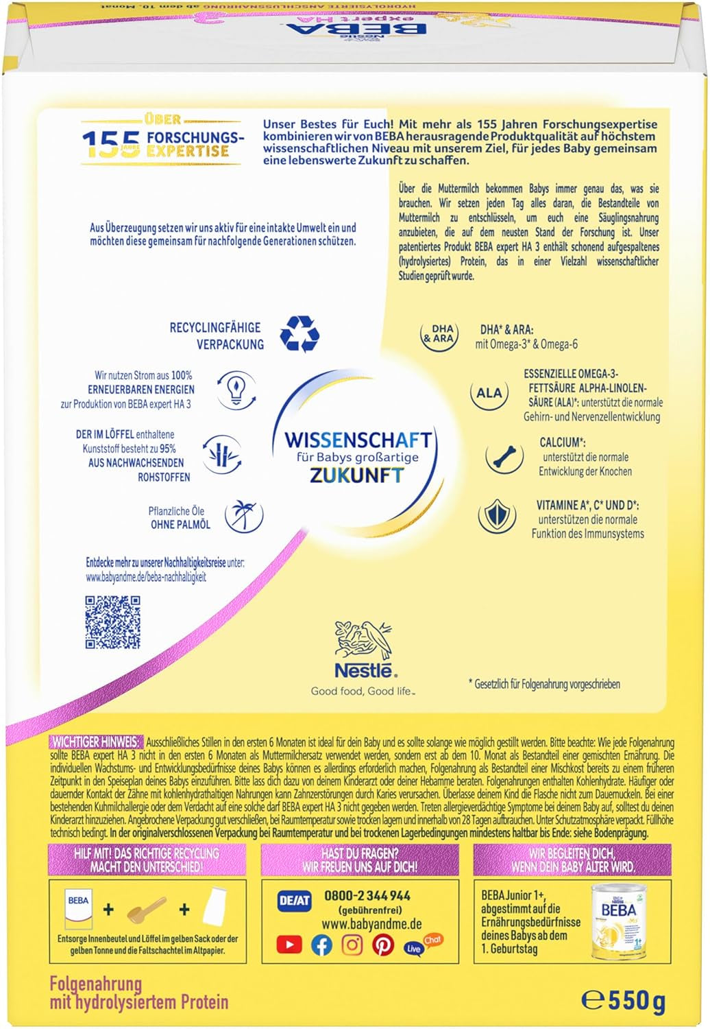 BEBA expert HA 3 Formule de continuation hydrolysée, dès 10 mois, 1 paquet (1 x 550 g)
