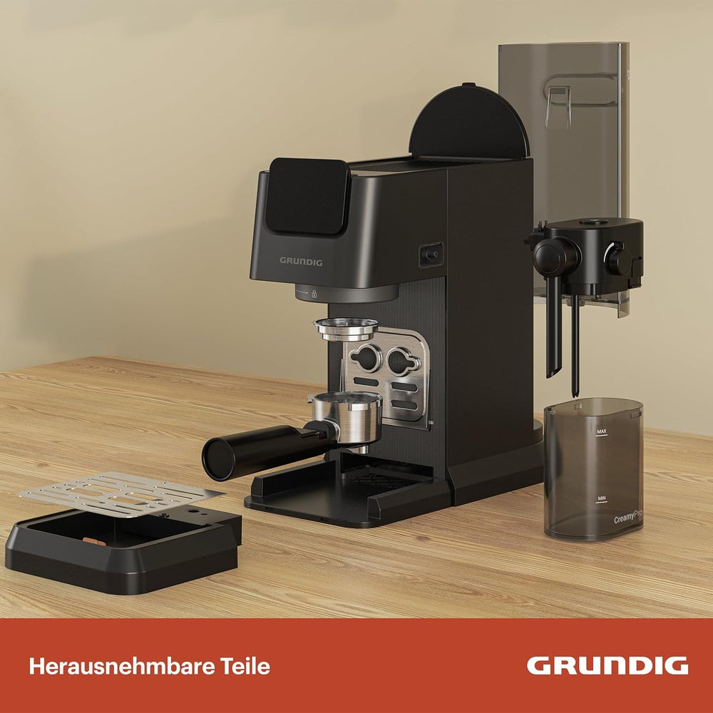 Espressor portafilter GRUNDIG KSM 5330 cu recipient de lapte integrat, putere 1628 W, presiune pompă 15 bar, duză dublă, afișaj tactil color, BrewSense, CreamyPro, Inox închis/Negru