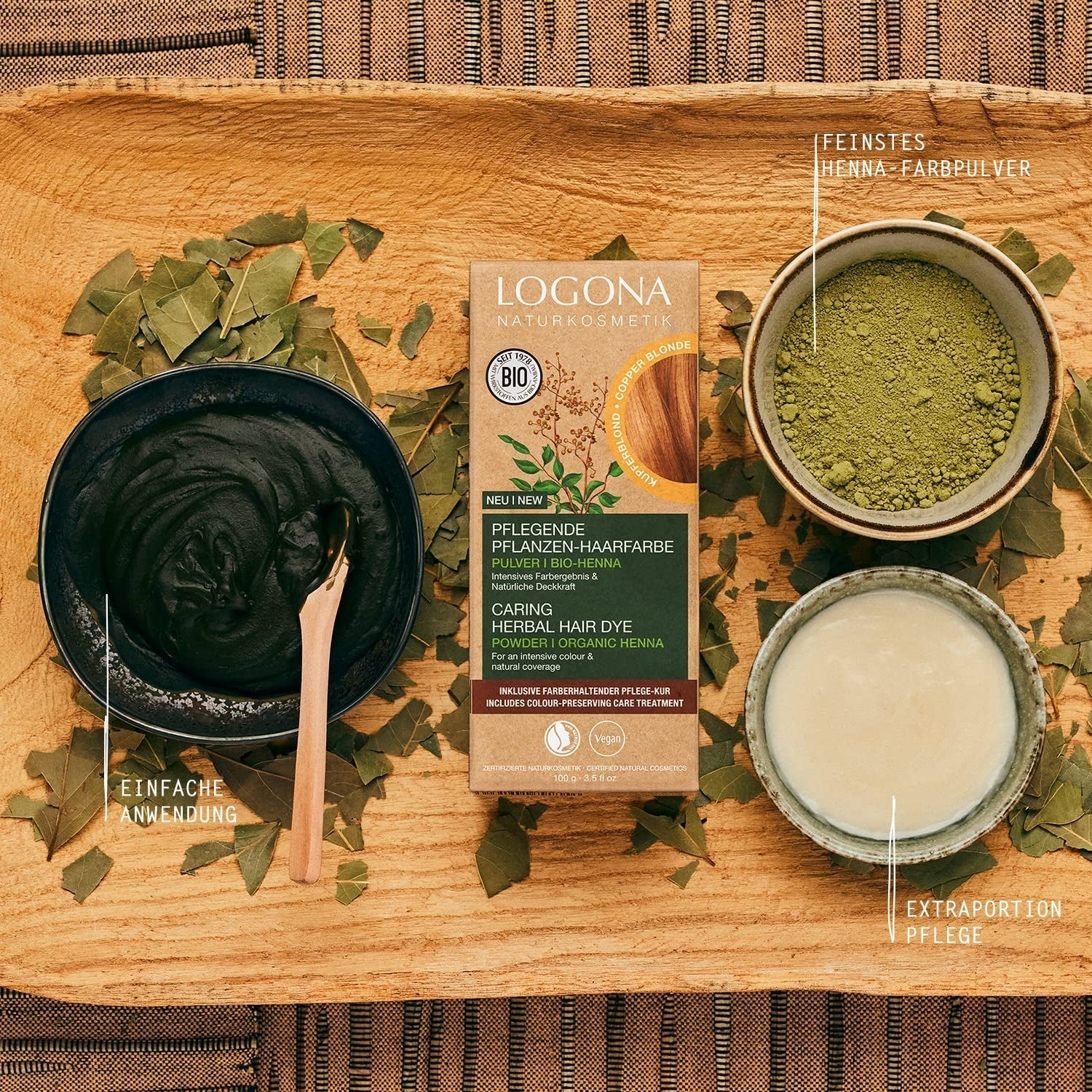 LOGONA Natural Cosmetics Teinture capillaire nourrissante à base de plantes, teinture capillaire végétalienne en poudre de henné biologique pour une couleur et une brillance intenses, teinture capillaire à base de plantes en blond cuivré (blond), 1 x 100 g de teinture capillaire Naty Shop