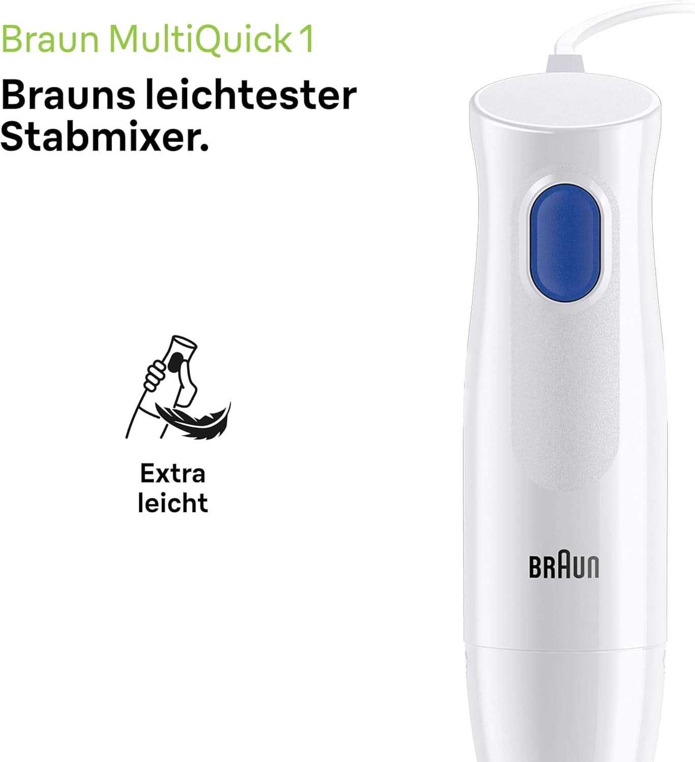Braun Stabmixer MQ10.001M Multiquick 1 - Extra Light Pürierstab Mit Edelstahl-Mixfuß Und Easytwist System, Inkl. Mix- & Messbecher 600 ml, 450 watts, blanc mère et enfant Naty Shop
