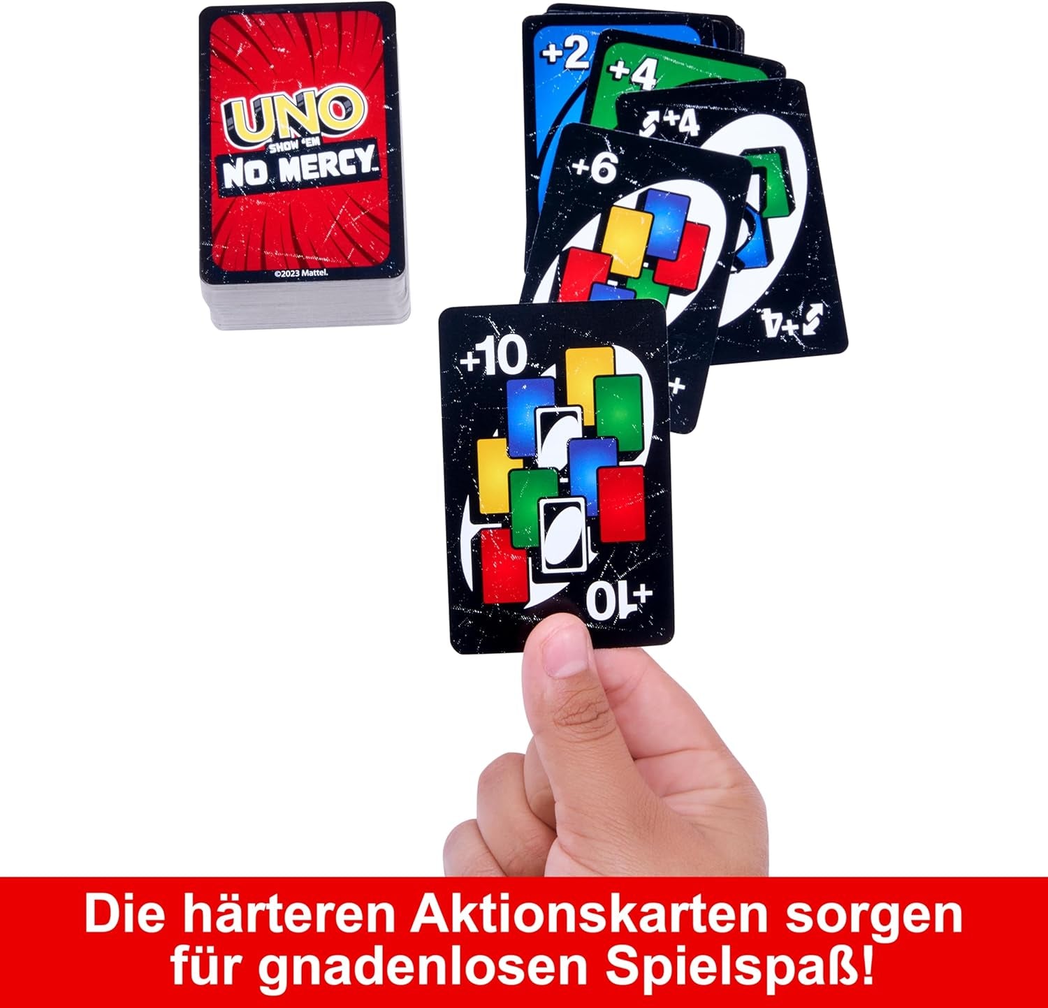 Mattel UNO Show 'em No Mercy - 56 cartes supplémentaires, cartes d'action stimulantes et règles de jeu brutales pour la version la plus impitoyable, règle d'empilage et échange de mains, à partir de 7 ans, HWV18